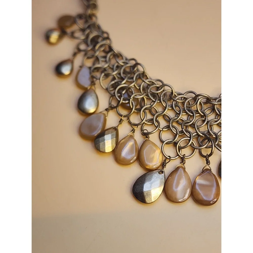 Vintage LIZ CLAIBORNE Signed Bib Necklace Chandelier of Faceted‎ Bronze Tone 15